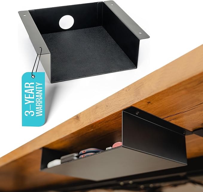 COREMINDED Under Desk Storage Shelf - Carbon Steel Under Desk Tray with Cable Management, Mountable Add-On Shelf for Table & Office Desks (7.5" x 8" x 2.8") by COREMINDED