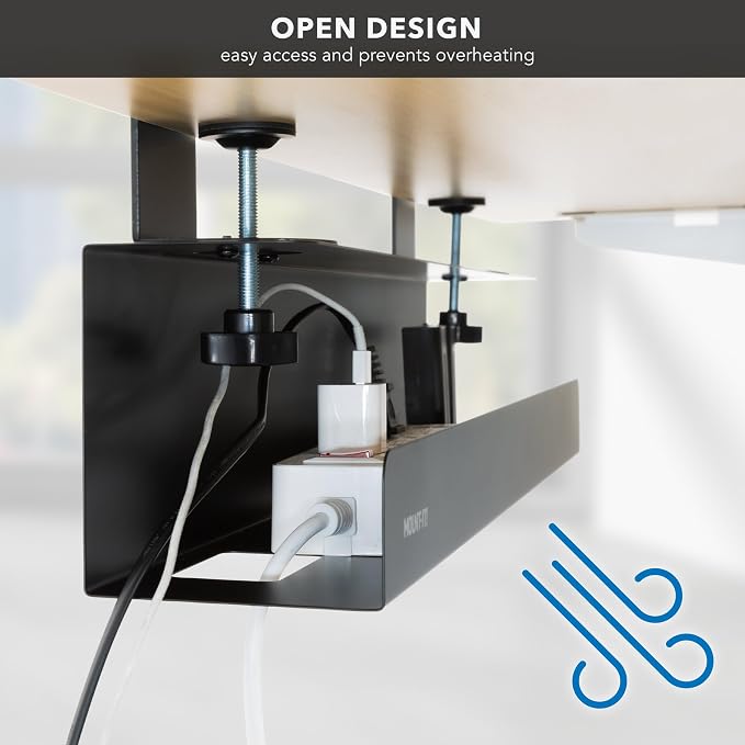 Mount-It! Under Desk Cable Management Tray – Clamp-On No-Drill Metal Cable Management Tray for Desk & Standing Desk, Wire & Cord Organizer for Power Strips, Glass Desks – 23.6” Black - Image 8