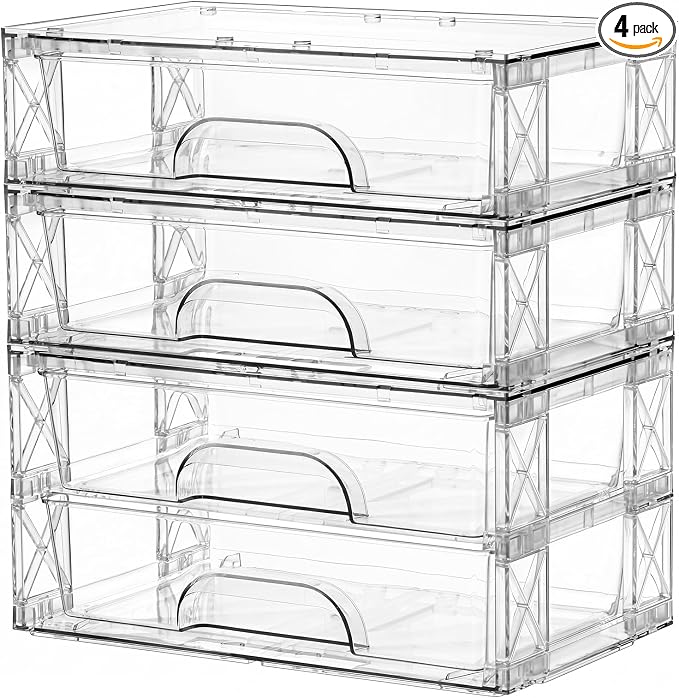 Clear Stackable Storage Drawers 4 Pack 3.5in Organizer Plastic Bins | Clear Plastic, Pull-Out Drawers, Easy Assembly, Stackable Design, for Cosmetics Bathroom Kitchen and Cabinet Storage by Outuxed