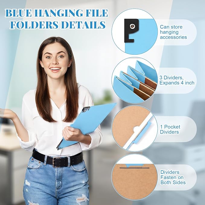 Henoyso 10 Pcs Hanging Classification Folders,3 Pocket Dividers,Light Blue | Letter Size, Hanging File Folders with 3 Pockets, 4" Expansion, 8 Prong Fasteners, 1/3 Tab Cut, 8 Sections, Pressboard Manila - Image 3