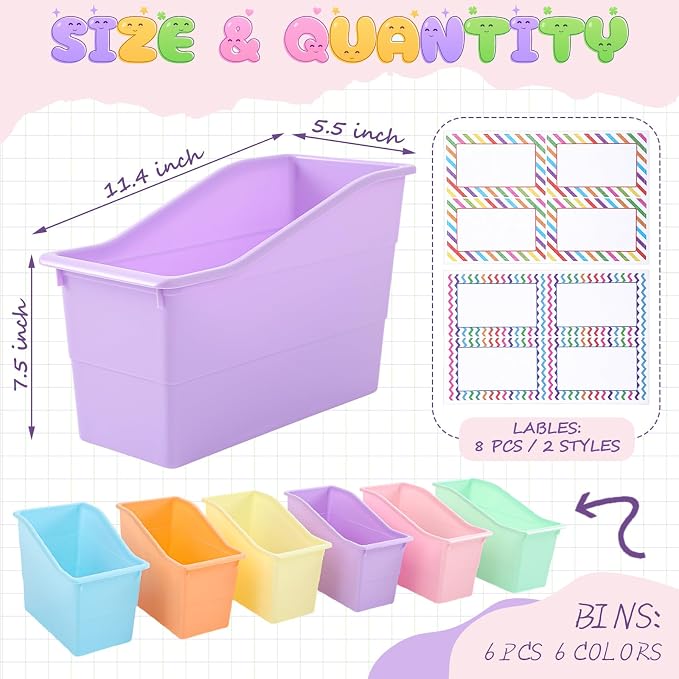 Blosssound 6 Set Book Bins for Classroom with Label Sticker Book Box Baskets Plastic Stackable Organizing Bins Storage & Organization for Classroom Library Home School Supplies (Pastel) - Image 2