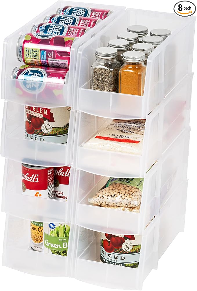 IRIS USA 8-Pack, Large Clear Stackable Storage Bins | Organize snacks, cans, coffee pods, craft supplies, and household essentials with clear visibility and easy access by IRISUSA