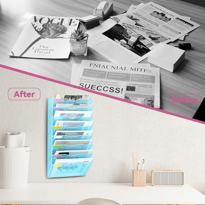 8 Pockets Mesh Wall File Holder Organizer Office Hanging File Folder Magazine Rack, Nametag Label Hooks Set Included (Blue) - Image 6