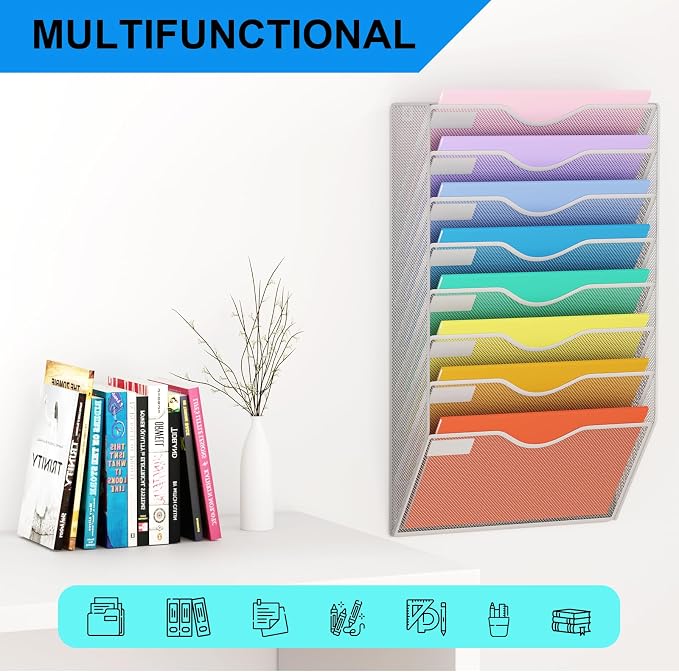 8 Pockets Mesh Hanging Wall File Holder Organizer Wall Mounted Paper Magazine Rack, Silver - Image 6