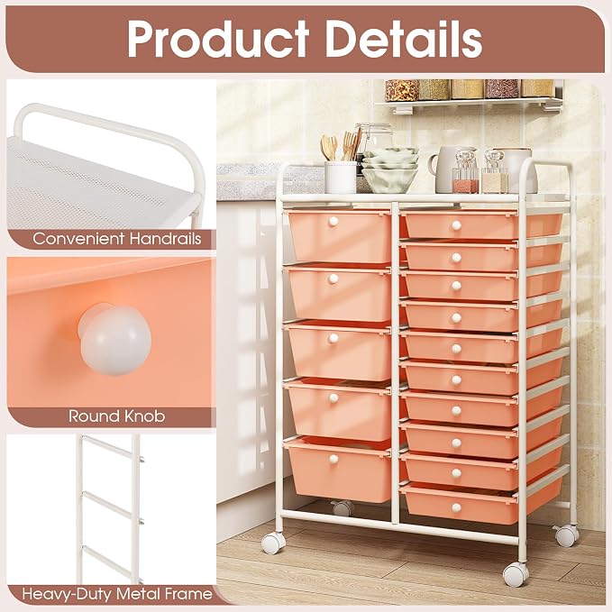 COSTWAY 15 Drawer Rolling Storage Cart, Mobile Storage Organizer | Removable Drawers & Metal Frame, Multipurpose Utility Tools Paper Organizer on Wheels for Home, Office (Peach) - Image 6