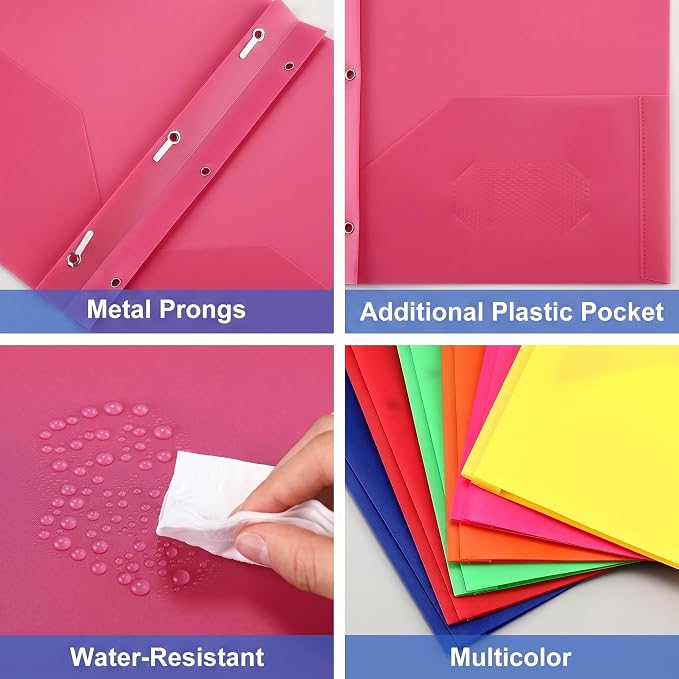 Cholemy 104 Packs Pocket Folders with Prongs Heavy Duty Plastic Folder with Business Card Slot 3 Prong Fasteners for School Office (Vivid) - Image 3