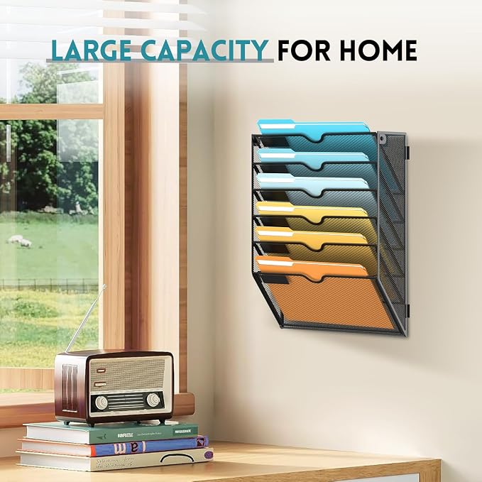 6 Tier Wall File Organizer, Hanging Wall Mounted Mail Organizer with Label Slots, Metal Mesh File Holder Magazine Rack for Office, Home, School or Classroom, Black, 2Pack - Image 2