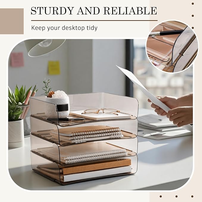 Harloon 4 Tier Clear Gray Acrylic Paper Organizer Letter Tray, Aesthetic Stackable Desk File Organizer Holder Office Tray for A4, Modern Home Office File Pad Books Notes, 13 x 9.8 x 3 Inches - Image 6
