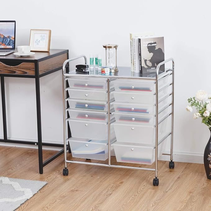 GOFLAME 12-Drawer Rolling Storage Cart, Multipurpose Organizer Cart with 2 Sizes Plastic Drawers, Mobile Utility Cart with Lockable Casters for School, Home Office, Beauty Salon, Clear - Image 9