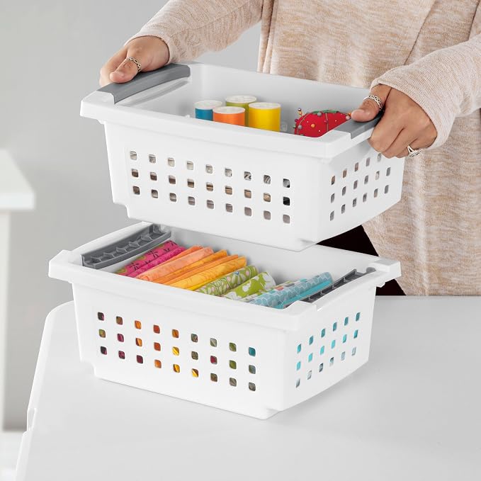 Sterilite 12 Pack Small Stacking Basket, Open Top Storage Bin with Handles, White - Ideal for Home Closets, Kitchens, or Office Organization - Image 7
