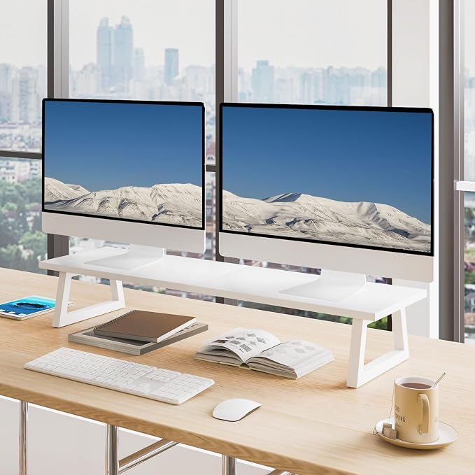 TEAMIX White Dual Monitor Stand Riser, 31.5 inch Long Stand, Desk Organizer | For Computer, Laptop, PC, Printer, Wood & Steel TV Stand, Holds 150lbs, Keyboard & PS5 Storage, For Home Office & Gaming - Image 3