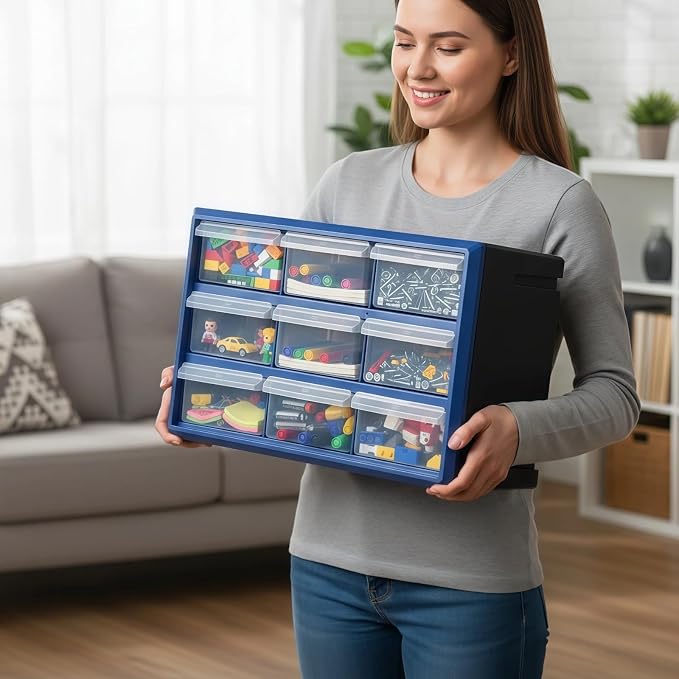 NORTHSKY 9-Bin Small Parts Cabinet, Stackable, Blue, 14.17 × 7.09 × 9.45 in 9 * Blue (9 Drawer & Clear) - Image 2
