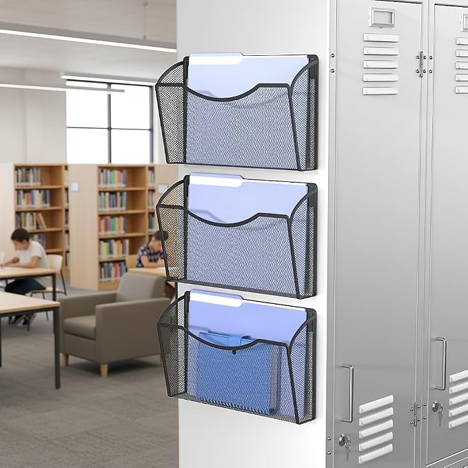MINDEPOT Magnetic Wall File Organizer, Hanging File Holder, 3 Pack, Black | Heavy Duty Iron, Powerful Magnet, Metal Mesh Wall Mount, Single Pocket, for Office School Classroom Home, Letter A4 Size - Image 5