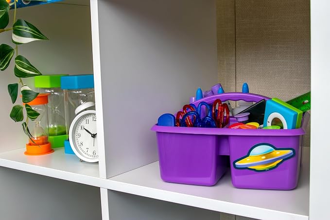 Teacher Created Resources Assorted Bright Colors Portable Plastic Storage Caddy 6-Pack for Classrooms, Kids Room, and Office Organization, (Lime, Orange, Pink, Purple, Teal, and Yellow) 3 Compartment - Image 7