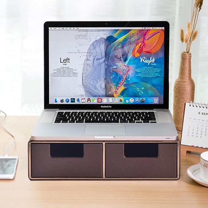 Linen Leather Desk Organizer and monitor stand with Drawers－Mini Desktop Drawer Organizer Stackable－Tabletop Organization Storage Box for Office Supplies Home Vanity Toiletries (Brown, 2-drawers) - Image 8