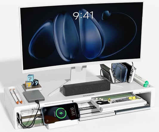 OImatser Monitor Stand Riser with USB 3.0 Hub & Type-C Port, Foldable Adjustable Computer Stand with Storage Drawer, Pen Slot & Phone Holder, Space Saving Laptop Stand for Home Office Desk Organization (White-3.0 HUB-Adapter) by Olmaster