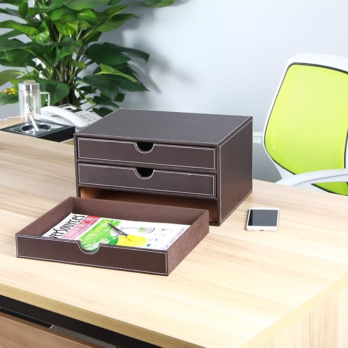 Stackable 3-Drawer Desk Organizer, Executive Office Supplies Desktop Filing A4 File Cabinet/Holder, Leather Storage Box for Document/Paper/Home Decor Accessories (brown)… - Image 5