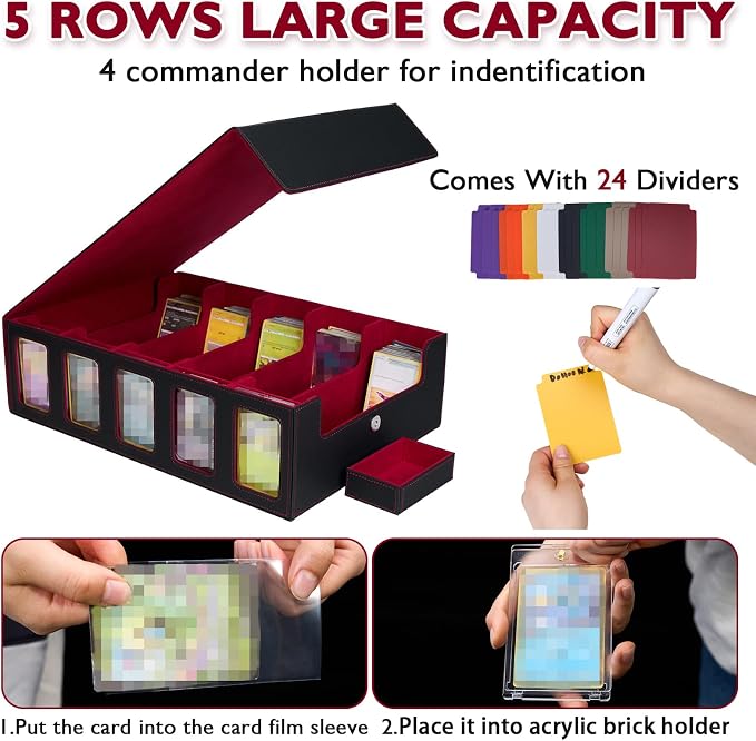 5-Row Trading Card Storage Box for Top Loaders, 3900+Card Deck Case with Portable Handle & Commander Display, 500 Sleeves, 5 Toploaders, 15 Stoppers, 24 Dividers, 1 Dice Tray, for MTG/TCG Magic Cards - Image 4