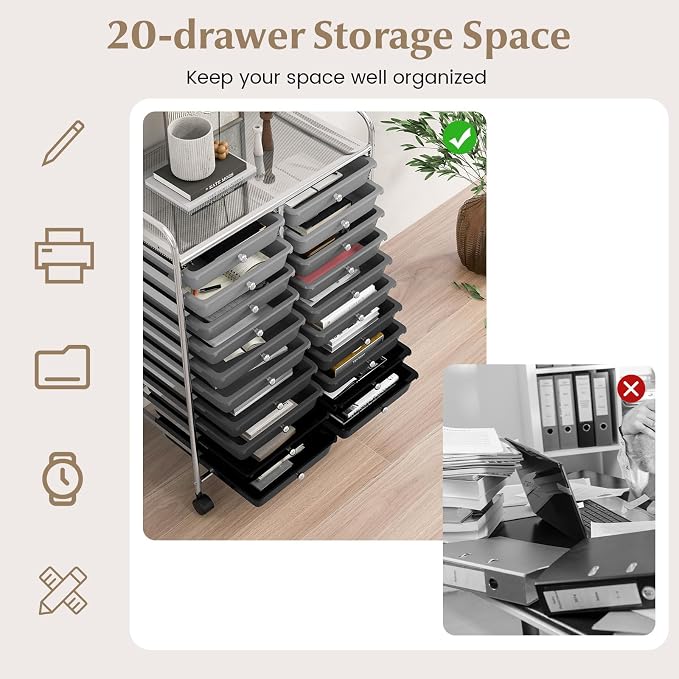GOFLAME 20-Drawer Rolling Storage Cart, Multifunctional Art Craft Organizer Cart, Mobile Utility Storage Cart with Removable Drawers & Lockable Wheels, Craft Cart for Home Office School, Grey Gradient - Image 4