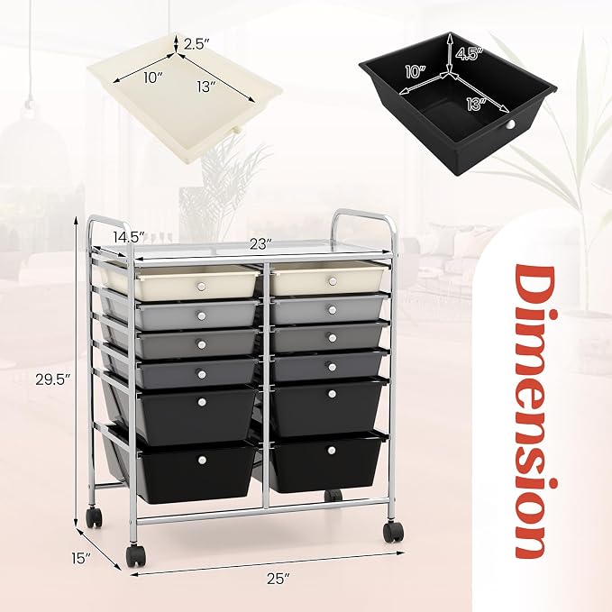 GOFLAME 12-Drawer Rolling Storage Cart, Multipurpose Organizer Cart with 2 Sizes Plastic Drawers, Mobile Utility Cart with Lockable Casters for School, Home Office, Beauty Salon, Gradient Grey - Image 3
