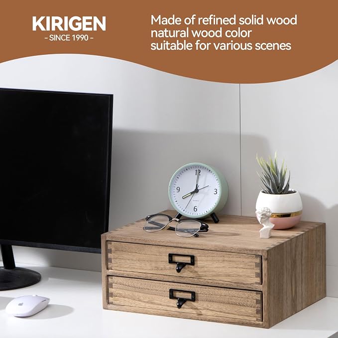 KIRIGEN Solid Wood Desk Organizer with 2 Drawers, Desktop Storage, Brown | 2-Drawer Cabinet for Printer Paper, Mail, Notebooks, and Office Supplies, 13.78 x 10.6 x 5.9 In, Fully Assembled - Image 7