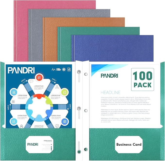 Two Pocket Folders, PANDRI 100 Pack Two Pocket Folders with Prongs, 2 Pocket 3 Prong Folders Designed for Office and Classroom, Letter Size Assorted 5 Colors by PANDRI