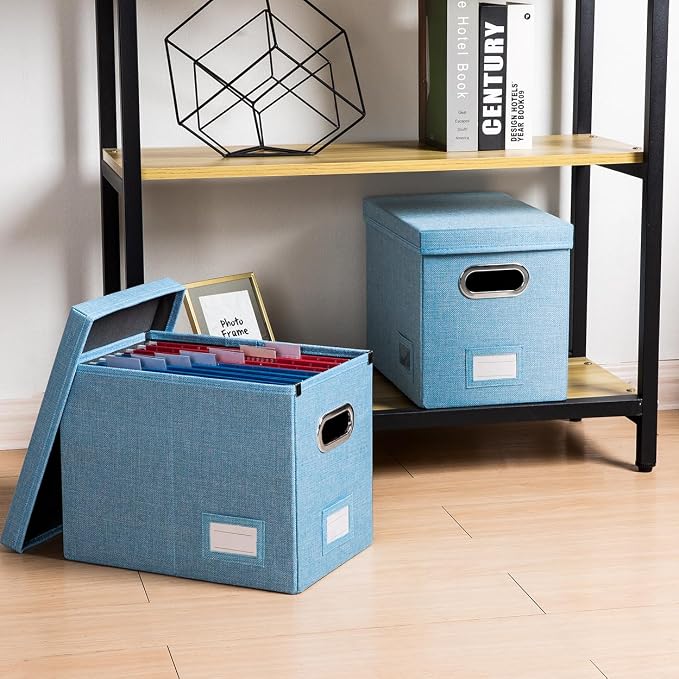 File Organizer Box - Set of 1 Collapsible Decorative Linen Filing Storage Hanging File Folders with Lids Office Cabinet Letter Size Blue (14x9.3x10.8 inch) - Image 3