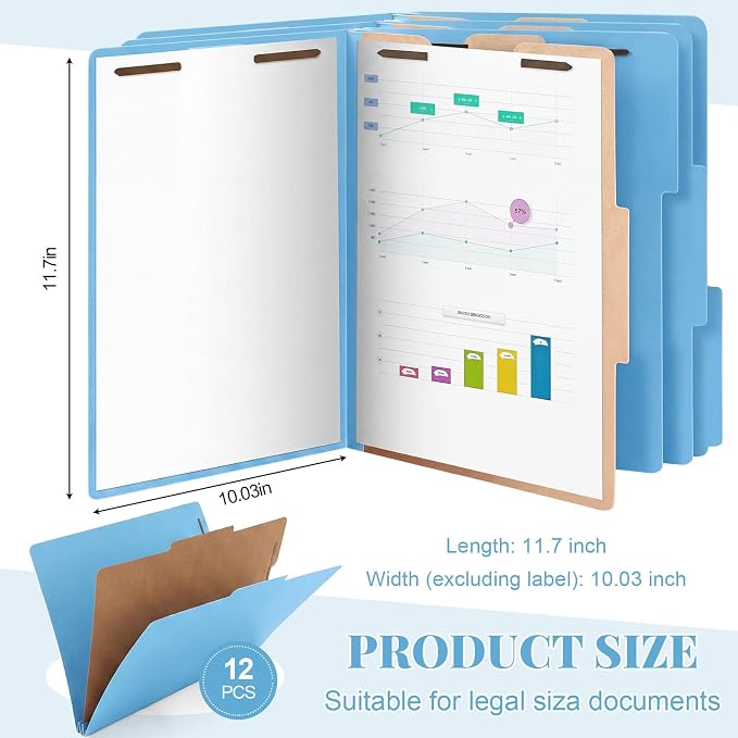 AmazingSpark 12 Pack Light Blue Classification Folders Letter Size, 1 Divider, 1/3-cut Tab, File Folders with Fasteners, Prongs, Expanding File Organizer Bulk for Office Employee, Coworker, Staff - Image 2