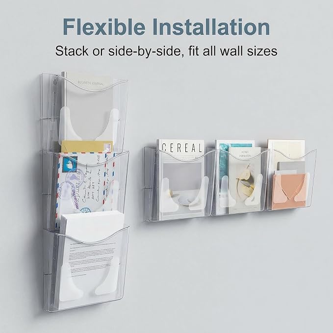 6-Pocket Clear Wall Mount File Organizer for Office, Vertical Hanging Document Paper Folder Holder for Home, Letter Size Mail Sorter, Transparent Magazine Literature Rack with Mounting Hardware - Image 4