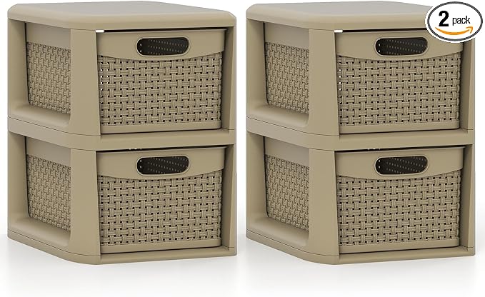 Giantex 2 Pack Drawer Storage Organizer, Plastic Wicker Tower Baskets, Counterop & Under-desk Compact Container Boxes for Office, Bedroom, Bathroom, Living Room, Taupe by Giantex