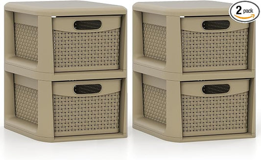 Giantex 2 Pack Drawer Storage Organizer, Plastic Wicker Tower Baskets, Counterop & Under-desk Compact Container Boxes for Office, Bedroom, Bathroom, Living Room, Taupe by Giantex