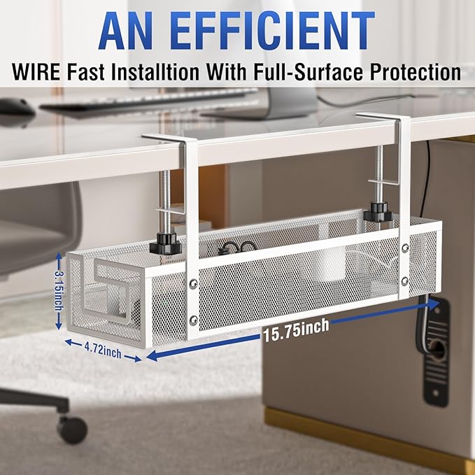 Cable Management Tray, 15.75" Under Desk Cable Management No Drill | Heavy Duty Metal Cord Organizer for Standing Desk, Gaming Desk, Home Office Wire Management for Home Office, 2 Pack, White - Image 3
