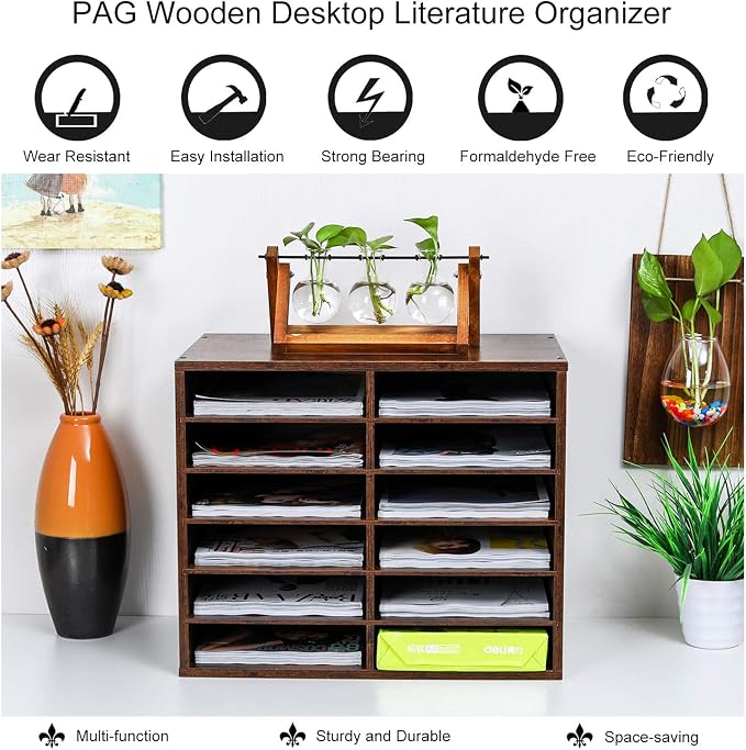 Countertop Mail Sorter Organizer, Wooden Literature Organizer, Student Mailbox for Classroom, Desktop Bill Organizer for Office Home School, 12 Compartments, Antique Brown - Image 6