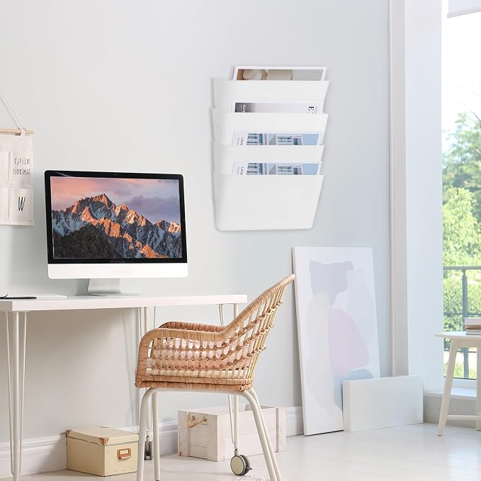 4 Pack White Plastic Single Pocket Hanging File Organizer, Wall Mount Paper Mails Magazines Holder, Mounted Folder Bins for Office, School and Home, 12.99x4.13x7.48 inches - Image 5