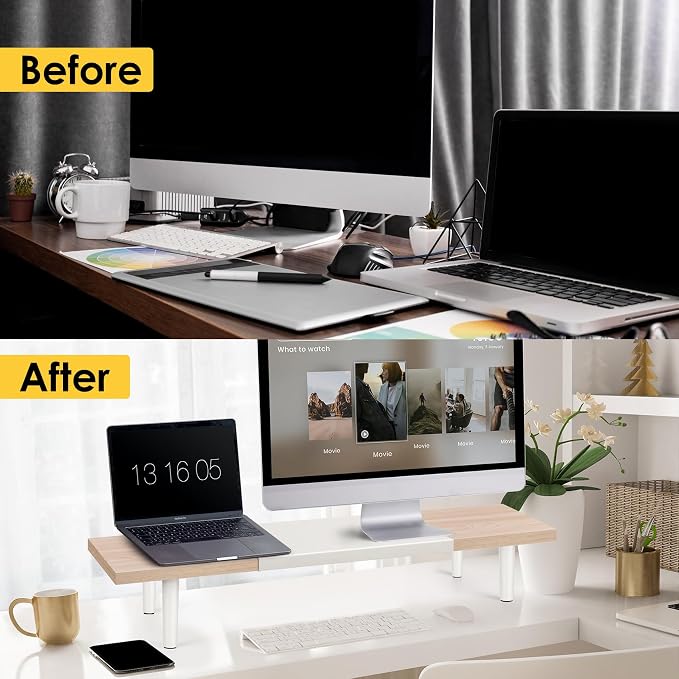 Across-Star Dual-Monitor-Stand-Riser-For-Desk Adjustable Length 32-40 Inch，Large Desktop Computer Monitor Riser For 2 Screens，Desk Shelf Organizer Riser Stand For Computer/Laptop/PC/Printer/TV Black - Image 7