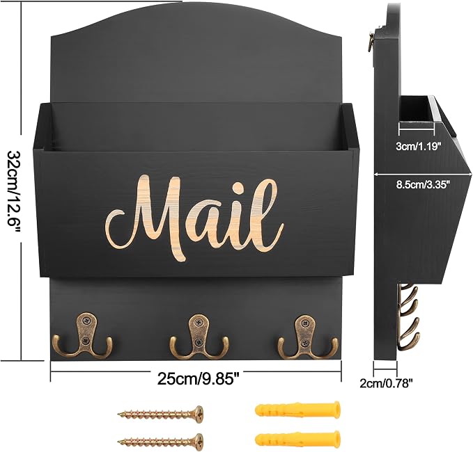 Mail Organizer Wall Mount, Wooden Mail Sorter Wall Mounted with 3 Double Hooks, Mail Letter Holder and Key Holder for Home Entryway Hallway Office Room Wall Decorative - Image 2