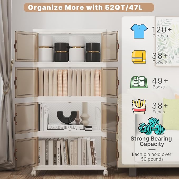 Stackable Storage Bins with Lids, 208QT Closet Organizers and Storage Cabinet with Doors & Wheels, Lockable Plastic Foldable Drawers for Bedroom Dorm Office Garage（52QT*4,White） - Image 4