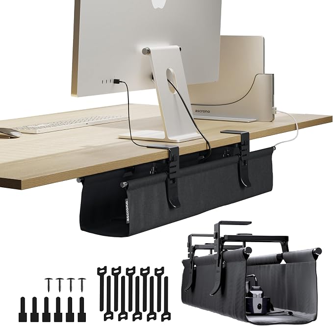 Original No Drill Under Desk Cable Management Tray 27.3" - Premium Black Fabric Cable Management Under Desk - Clamp/Screw Mount Cord Organizer - Supports Upto 66lbs by Ascrono