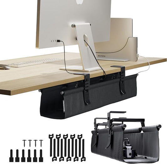 Original No Drill Under Desk Cable Management Tray 27.3" - Premium Black Fabric Cable Management Under Desk - Clamp/Screw Mount Cord Organizer - Supports Upto 66lbs by Ascrono