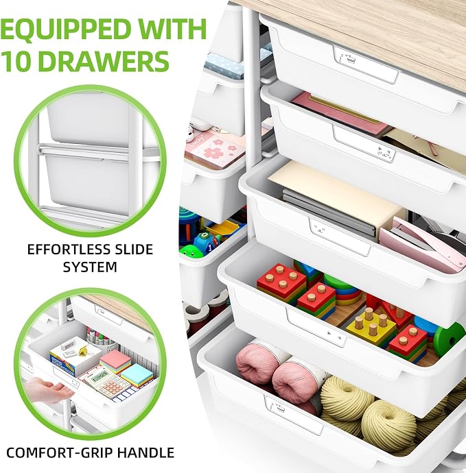 10 Drawers Rolling Cart with Wooden Tabletop, Utility Storage Cart with Wheels, Art Supply Craft Organizer on Wheel with Metal Frame & Handles for Home Office School (Pure White) - Image 4