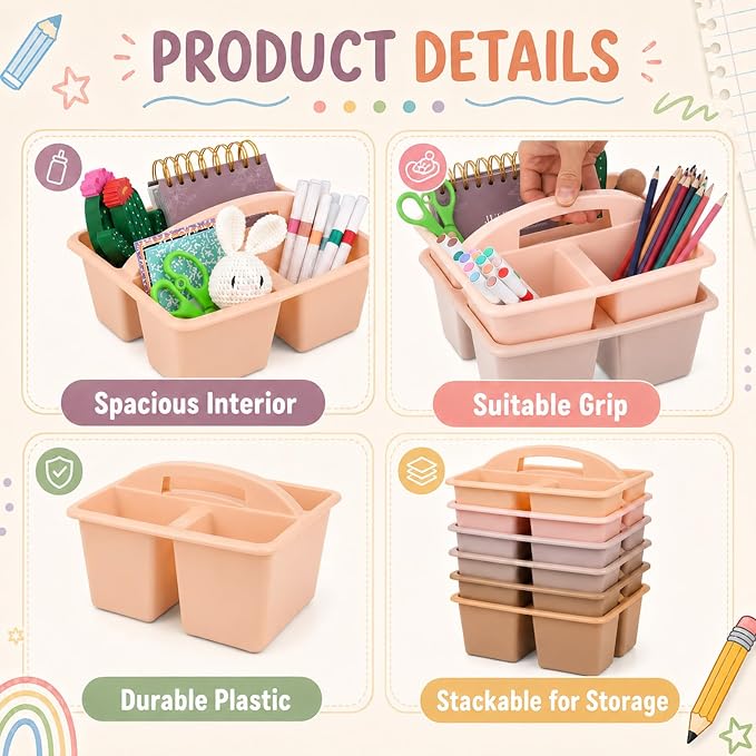 6 Pack 3 Compartment Small Caddy Plastic Classroom Organizer with Handle Portable Teacher Supply Storage Caddy Craft Art Caddies for Pencil, Crayon, Marker, Home, Office, School Supplies(Boho Pastel) - Image 3