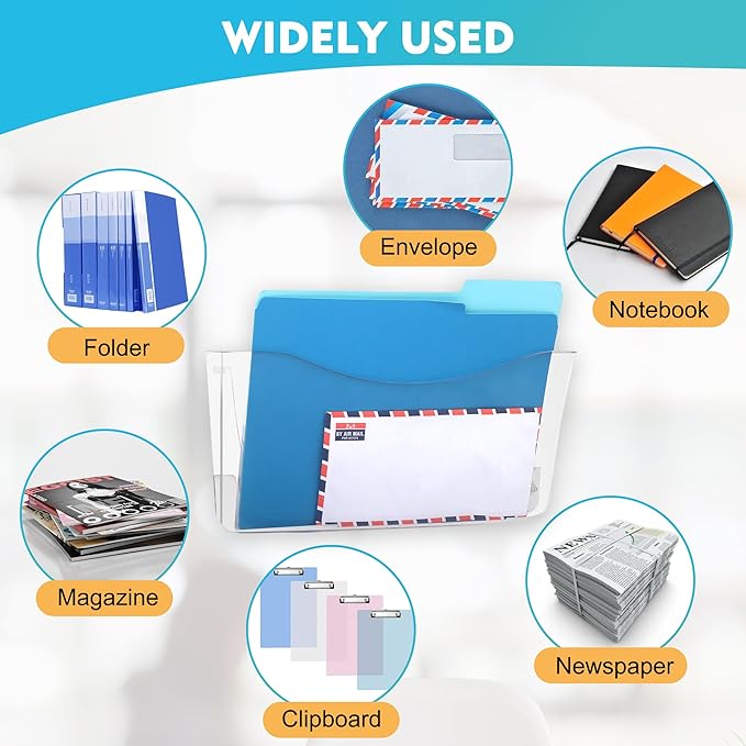 8 Pack Clear Single Pocket Hanging File Organizer, Plastic Wall Mount Paper Mails Magazines Holder, Mounted Folder Bins for Office, School and Home, 13.85x3.14x6.88 inches - Image 3