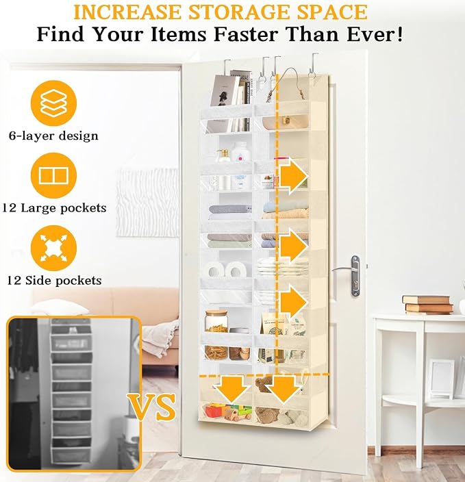 Over The Door Organizer 6 Tiers, Extra Large Behind Door Storage of 12 Compartments, 80 lbs Weight Capacity Hanging Storage Organizer with Clear Window Kids Toys, Shoes,Diapers, Room Storage, White - Image 3