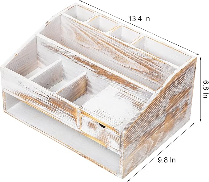 Wood Desk Drawer Organizers with File Organizer Pen holder Office Decor combo Organization Home Can Arrange calculators scissors pens note papers, etc. (washed white) - Image 2