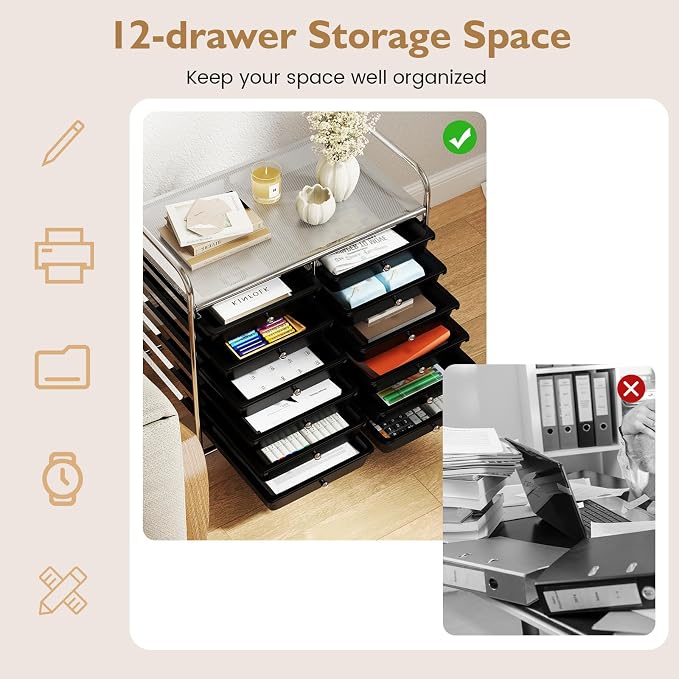 GOFLAME 12-Drawer Rolling Storage Cart, Multifunctional Art Craft Organizer Cart, Mobile Utility Storage Cart with Removable Drawers & Lockable Wheels, Craft Cart for Home Office School, Black - Image 5