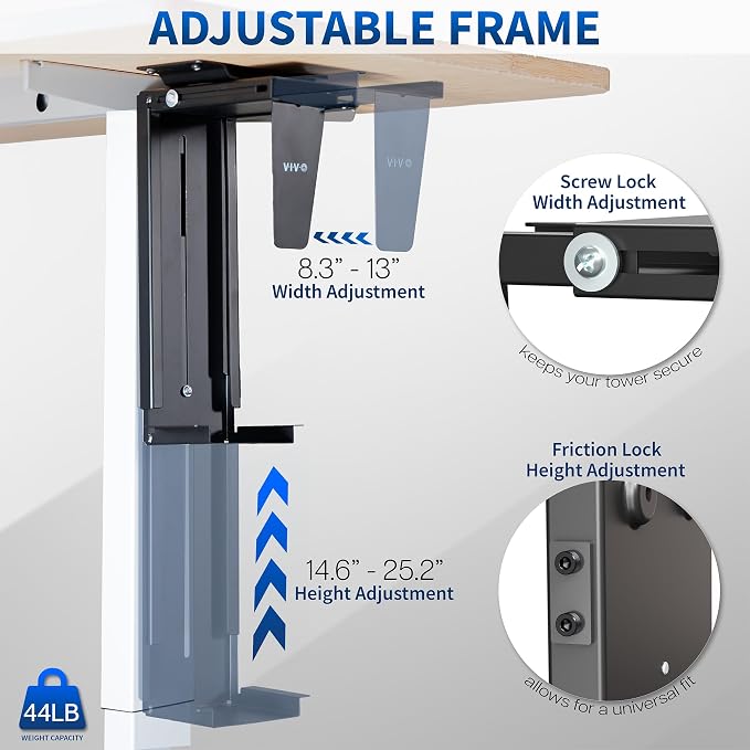 VIVO Black Large Under Desk and Wall Office PC Mount, MOUNT-PC01L | 8.3 to 13 inch Wide Adjustable Computer Mount, CPU Case Machine Holder Stand, Swivel and Secure Locking, Holds 44 lbs - Image 4