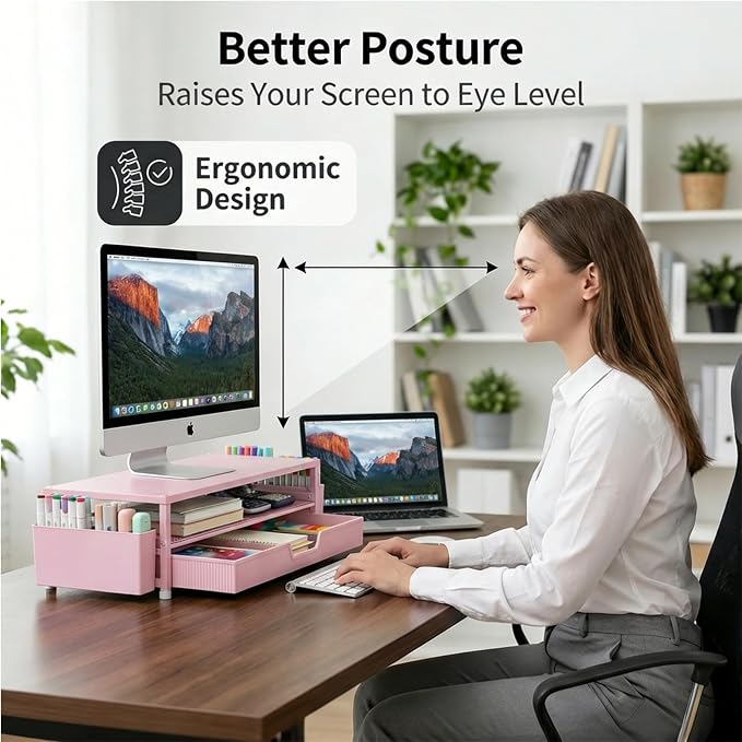 ECOLOVI Desk Organizer and Accessories, 2-Tier Computer Monitor Stand Rise with Storage Drawer & 2 Pen Holders, Laptop & Printer Stand for Desktop, Workspace Organizers for Office Supplies (Pink) - Image 4