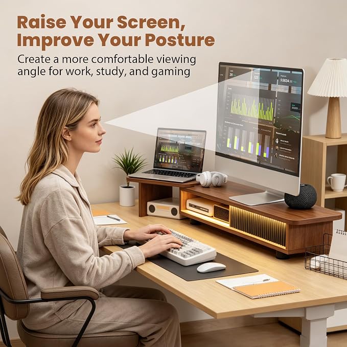 Artswish Dual Monitor Stand with Power Outlet, Brown Desk Monitor Riser | 2 AC Outlets & 2 USB Ports, RGB Lighting, Sliding Storage, Flexible Side Shelf, Desk Riser for Office, Work and Study - Image 7