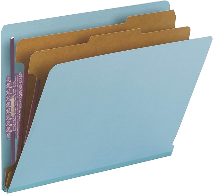 Smead 100% Recycled End Tab Pressboard Classification File Folder with SafeSHIELD Fasteners, 2 Dividers, 2" Expansion, Letter Size, Blue (26781) by SMEAD