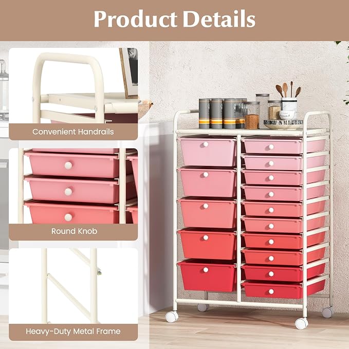 DORTALA 15-Drawer Rolling Storage Cart with Drawers, Rolling Utility Cart w/Removable Drawers & Universal Wheels, Tools Scrapbook Paper Organizer for School, Office, Home, Classroom (Gradient Pink) - Image 7